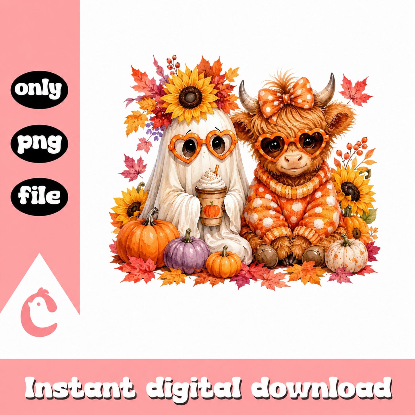 Halloween Highland Cow Ghost PNG, Fall Pumpkin Sublimation, Halloween PNG