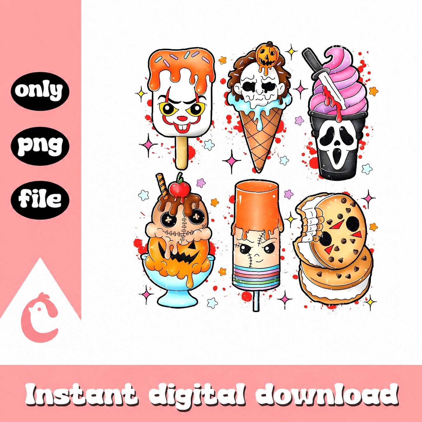 Halloween Horror Characters Ice Cream Bundle, Scary Sweet PNG, Halloween PNG