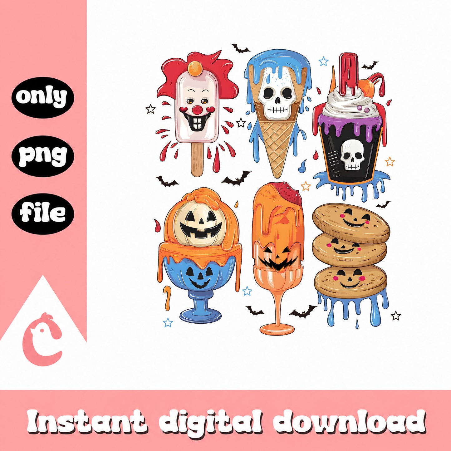 Halloween Spooky Ice Cream Bundle PNG, Halloween Treats PNG, Skull Pumpkin PNG