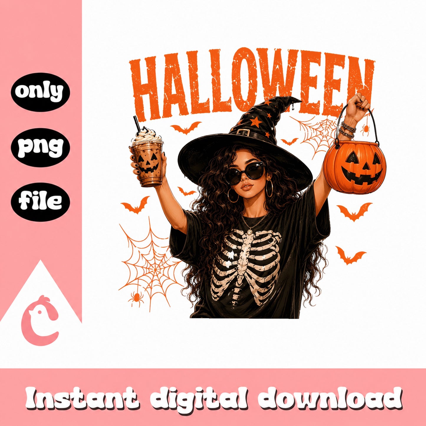 Halloween Witch Girl PNG, Skeleton Coffee Pumpkin, Spooky PNG