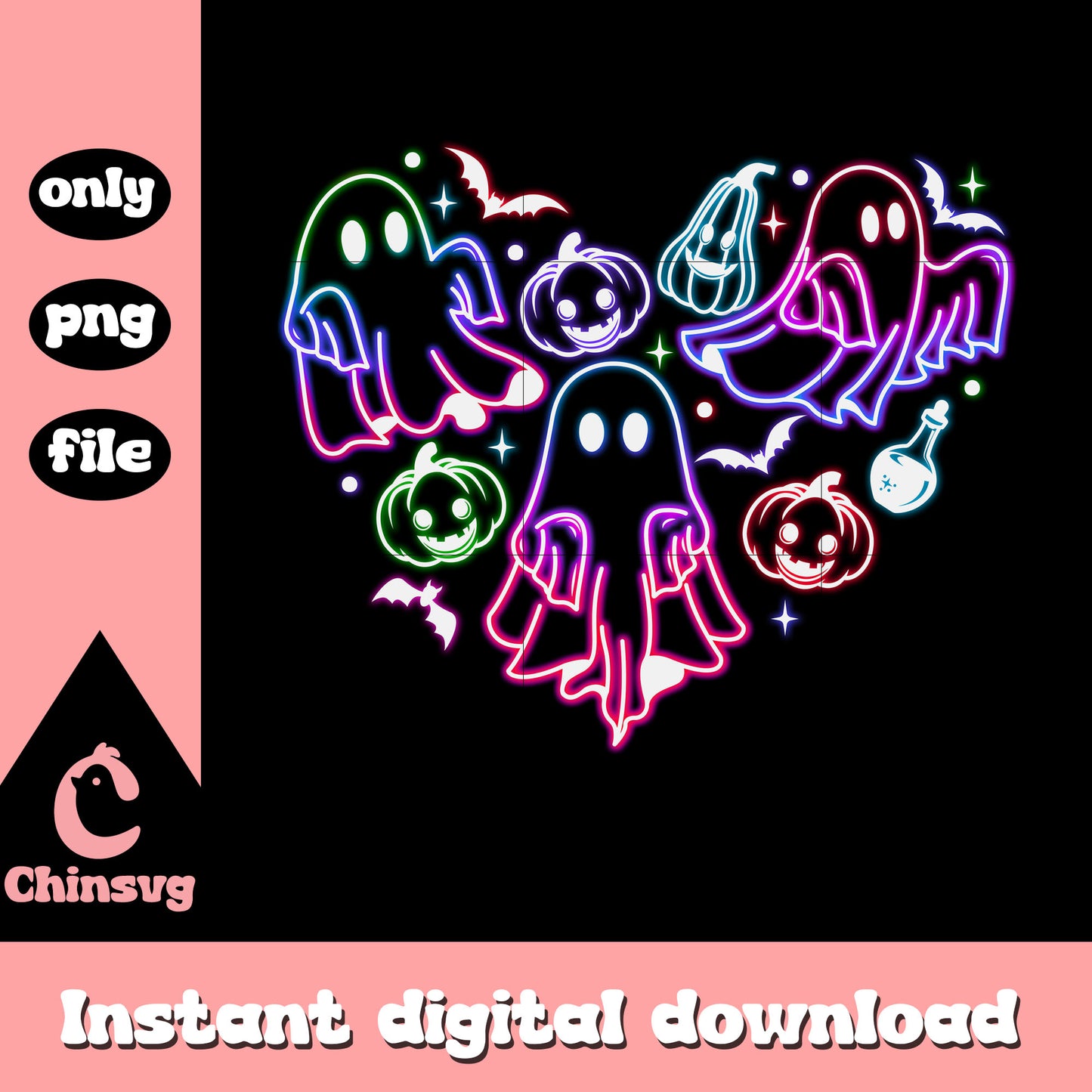Halloween ghost heart shape neon png, cartoon cute ghost png