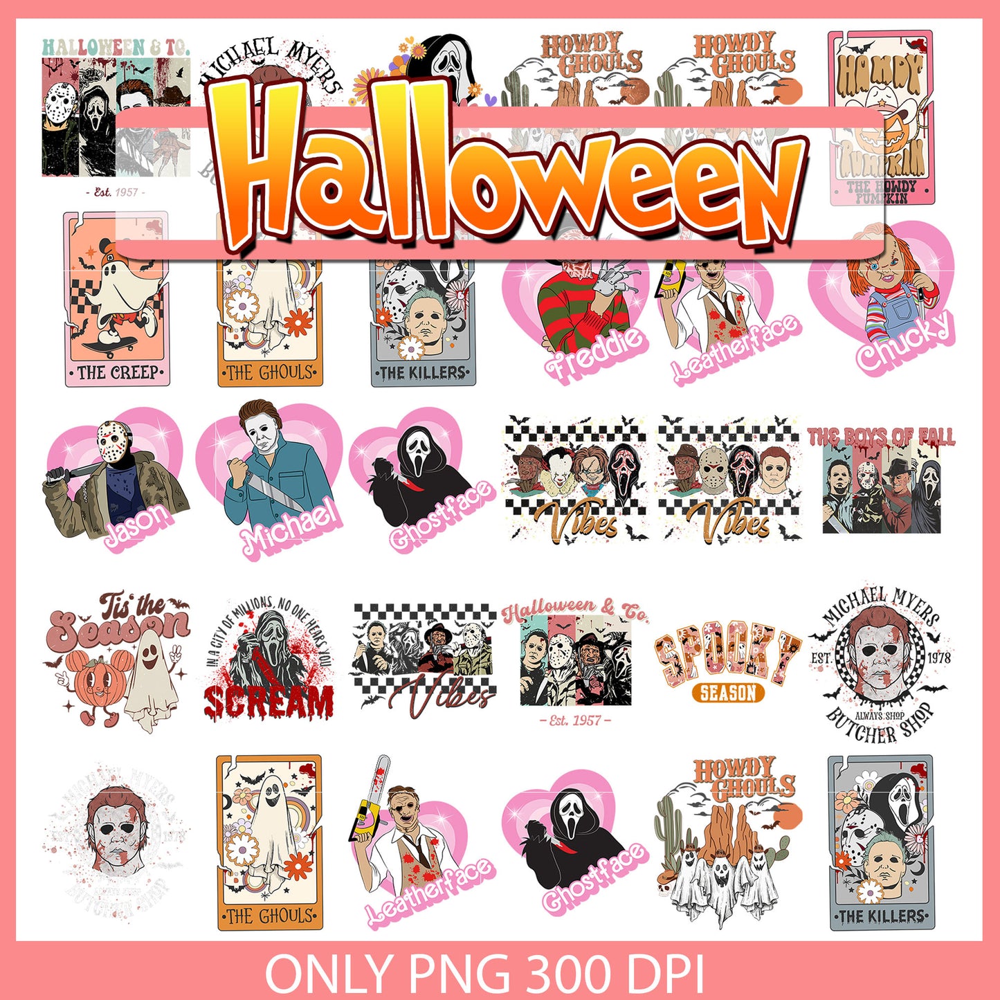 Halloween horror name pink bundle png, horror character names png