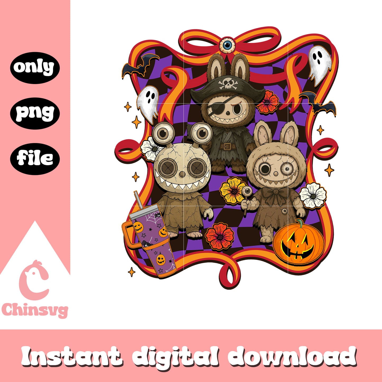 Halloween labubu classic characters bow clipart png, halloween png