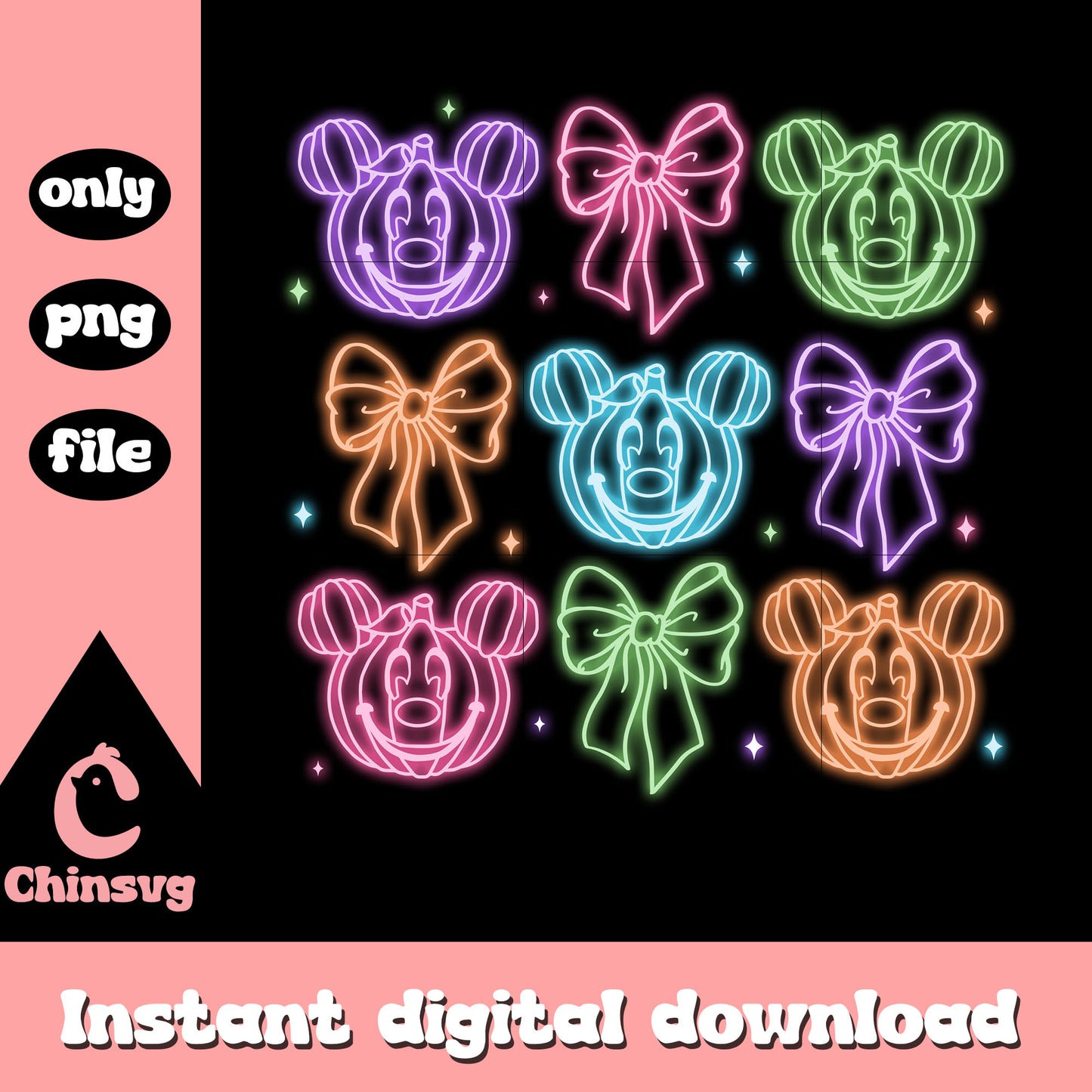 Halloween mickey face pumpkin coquette bow neon png, mickey halloween png