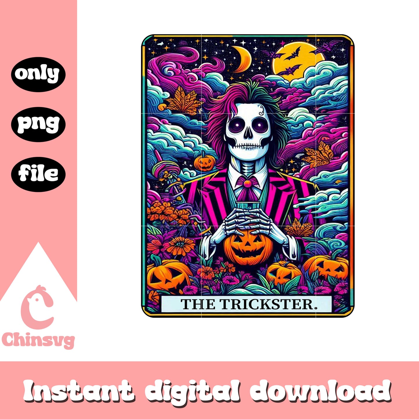 Halloween pumpkin and skeleton png, tarot card png