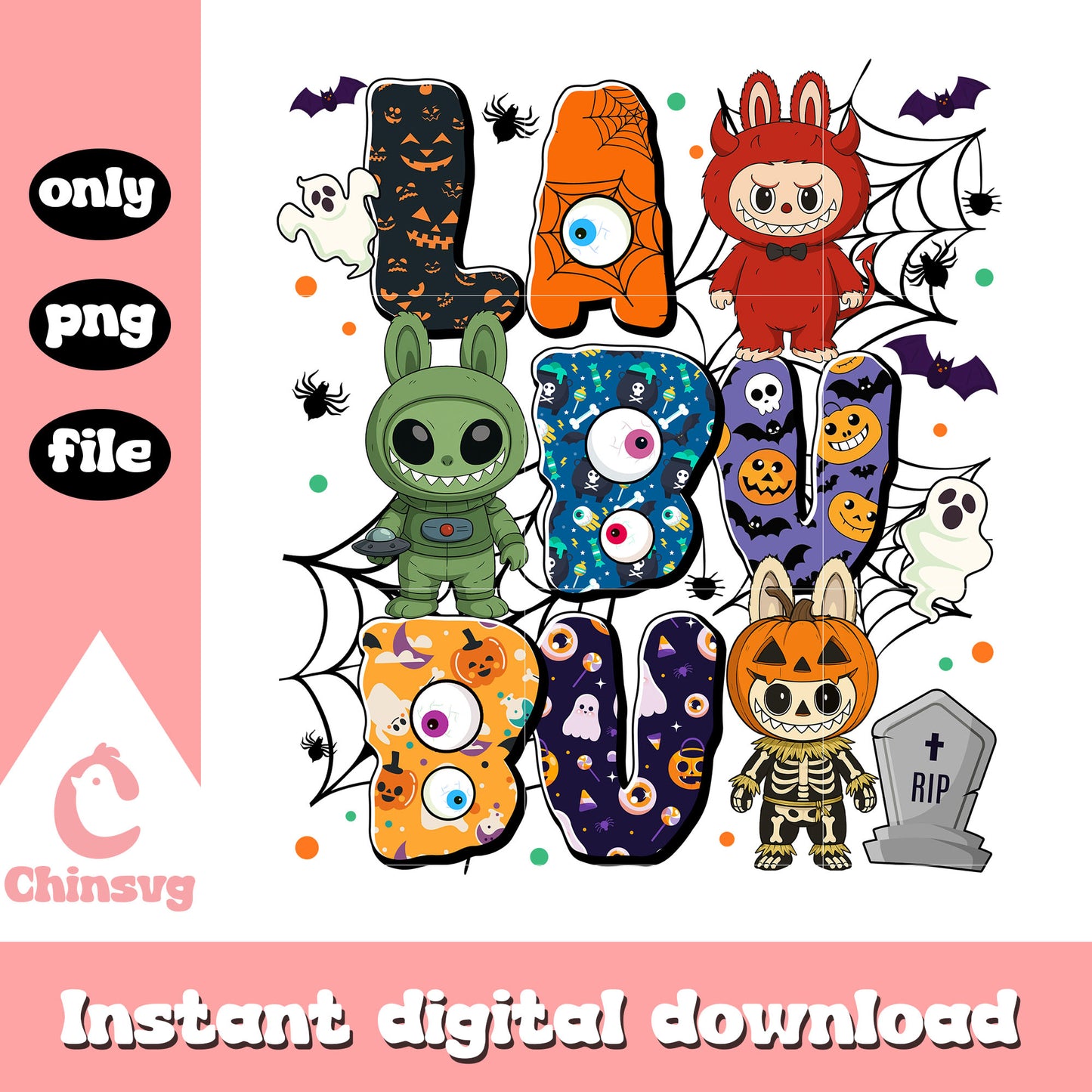 Halloween scary movie labubu font design png, cute labubu png, scary movies png