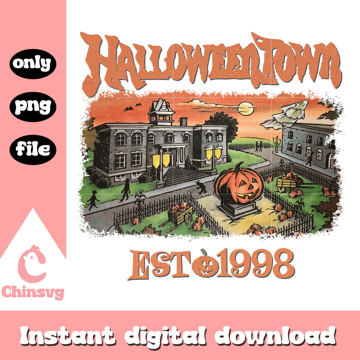 Halloween town est 1998 png, Vintage Halloween town pumpkin png