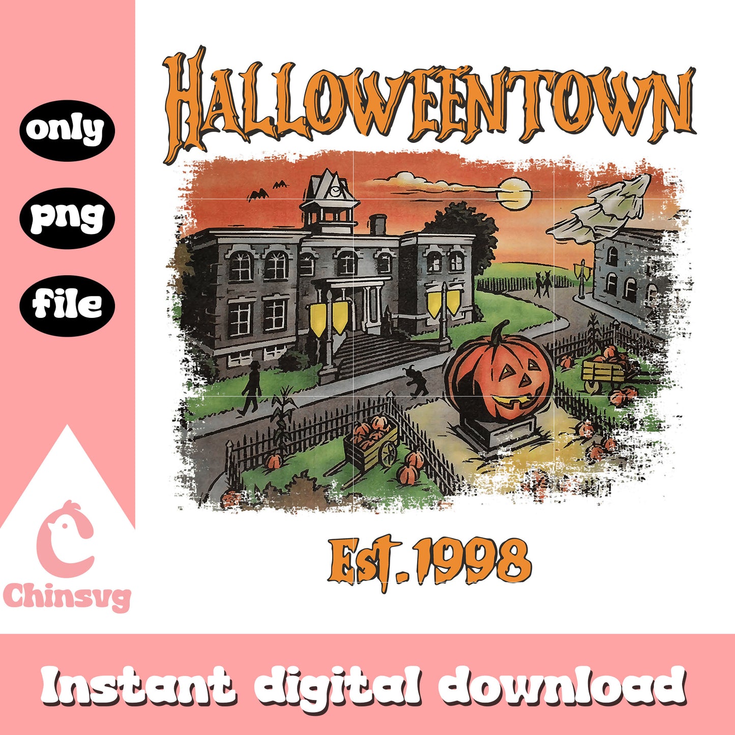 Halloween town est 1998 retro png, Vintage Halloween town pumpkin png