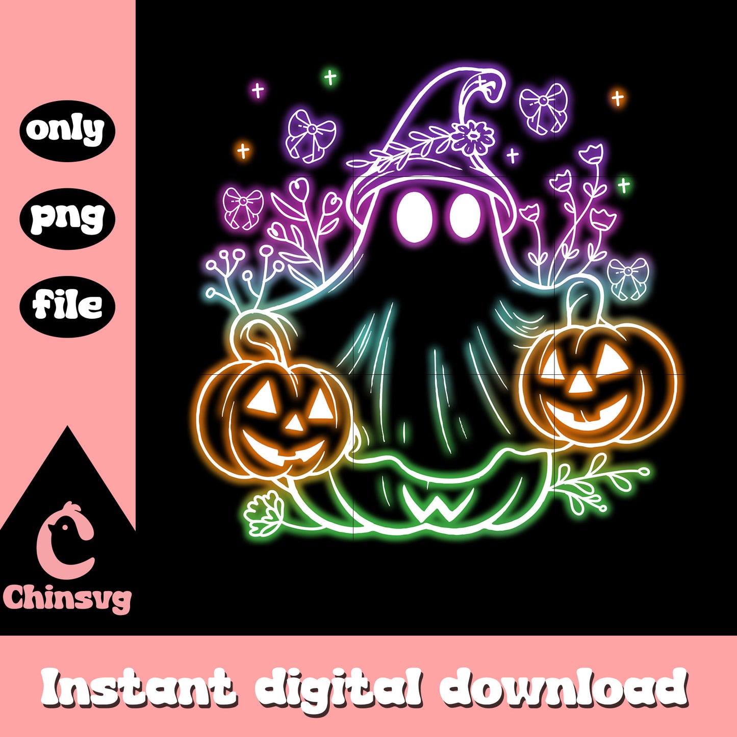 Halloween witch ghost hand pumpkin floral neon png, halloween cute ghost png