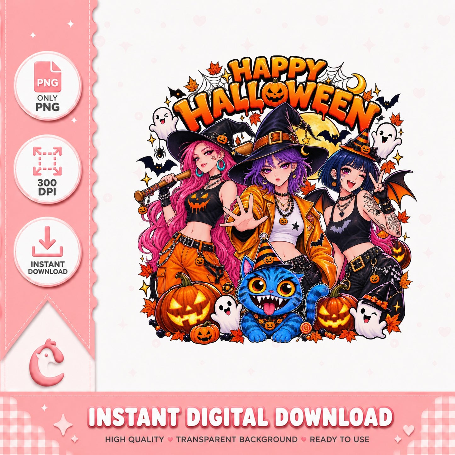 Happy Halloween Witches PNG, Anime Halloween Clipart, PNG