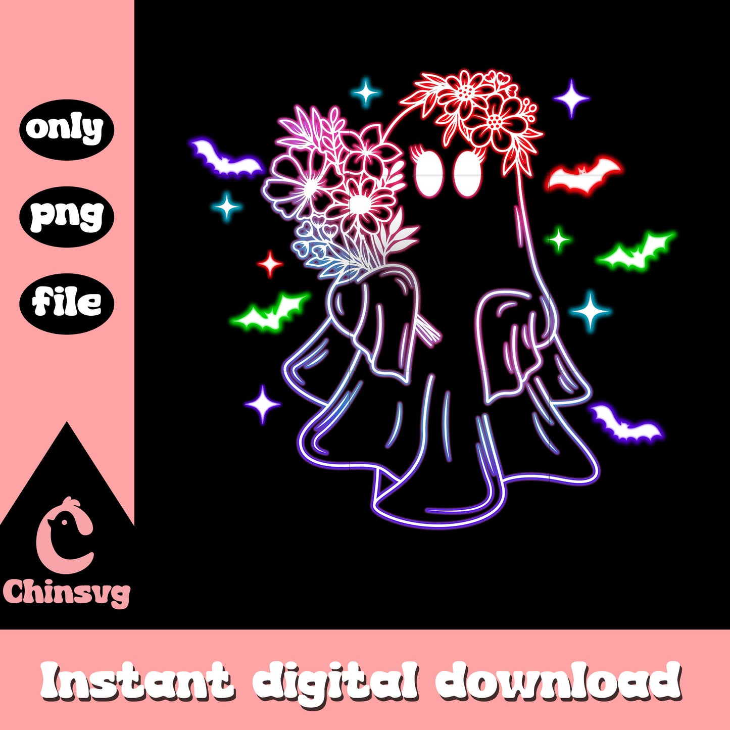 Happy halloween ghost flower neon png, halloween decoration png