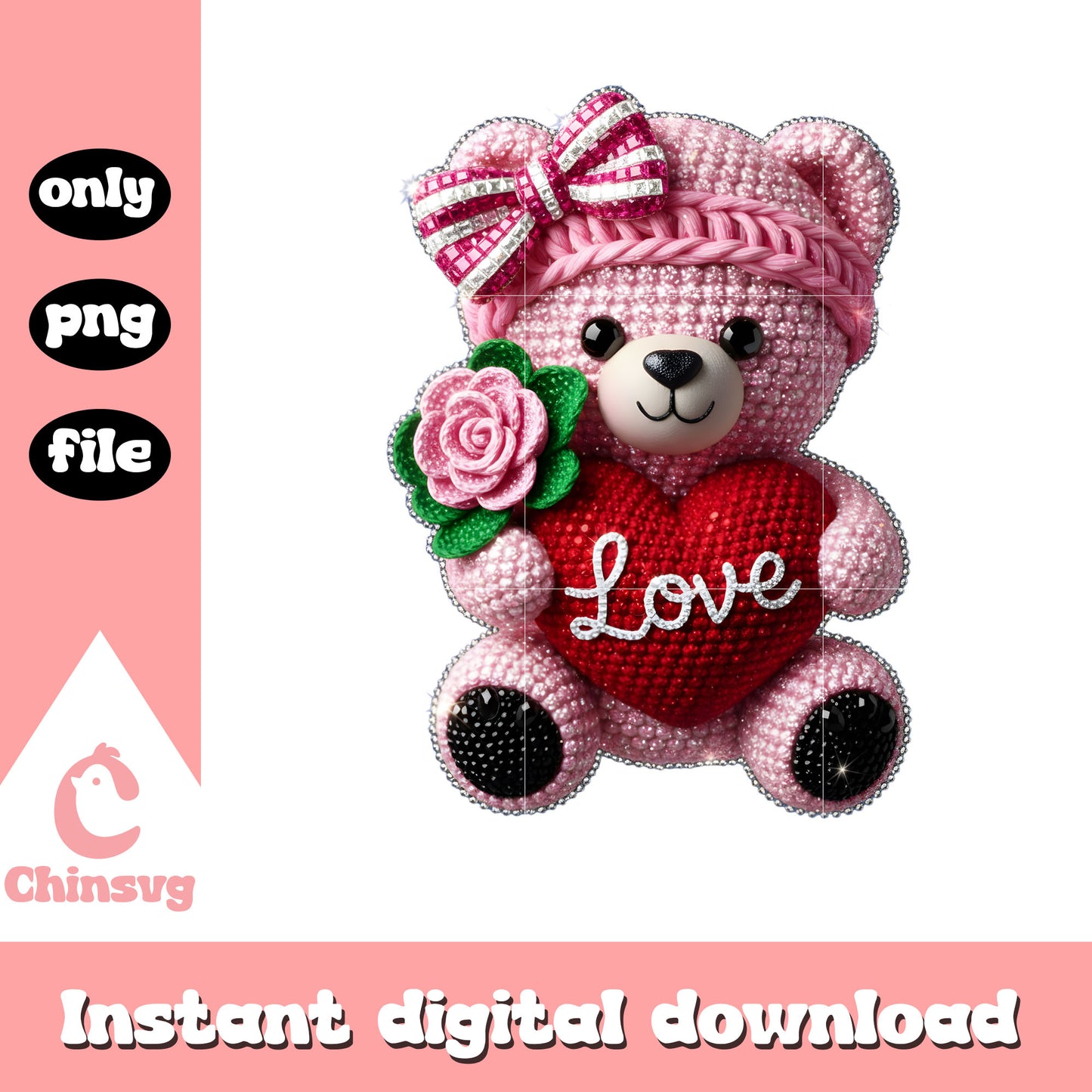 Heart pink bear crochet png, valentines teddy bear png