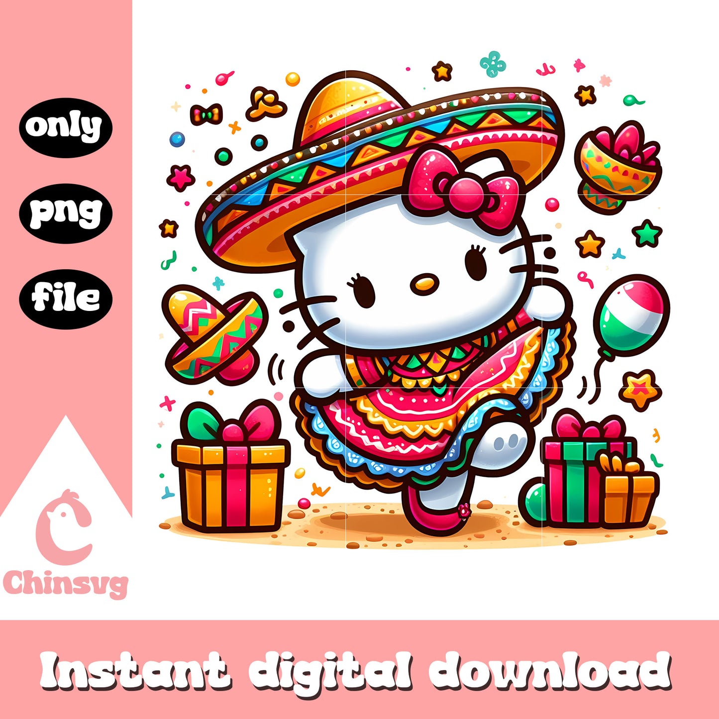 Hello kitty wear colorful dress png, mexico clothing png