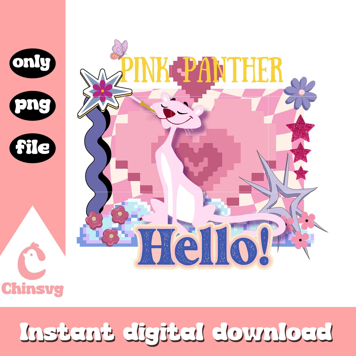 Hello pink panther heart design png, panther pink character png