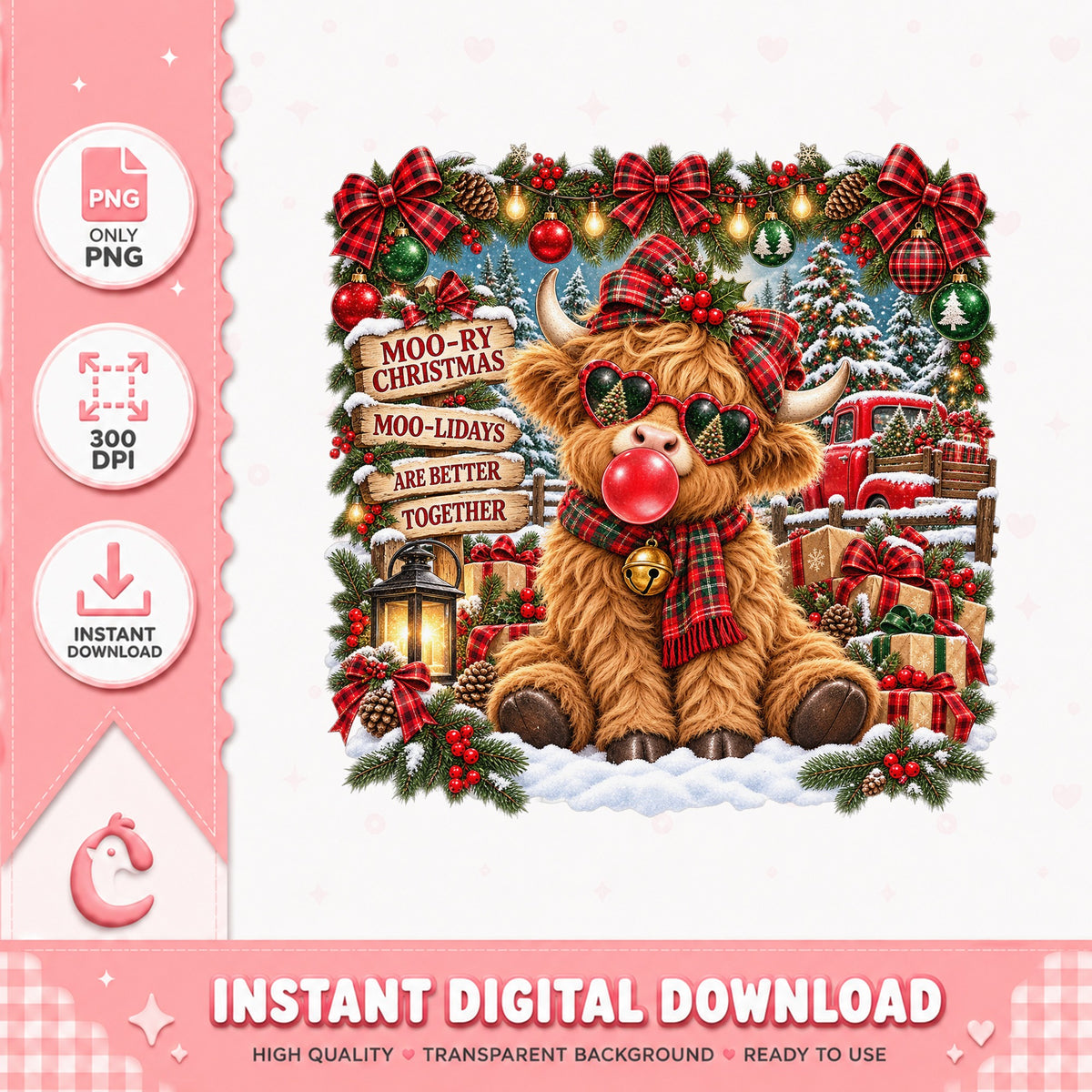 Highland Cow Christmas PNG, Moo Ry Christmas Clipart, PNG File