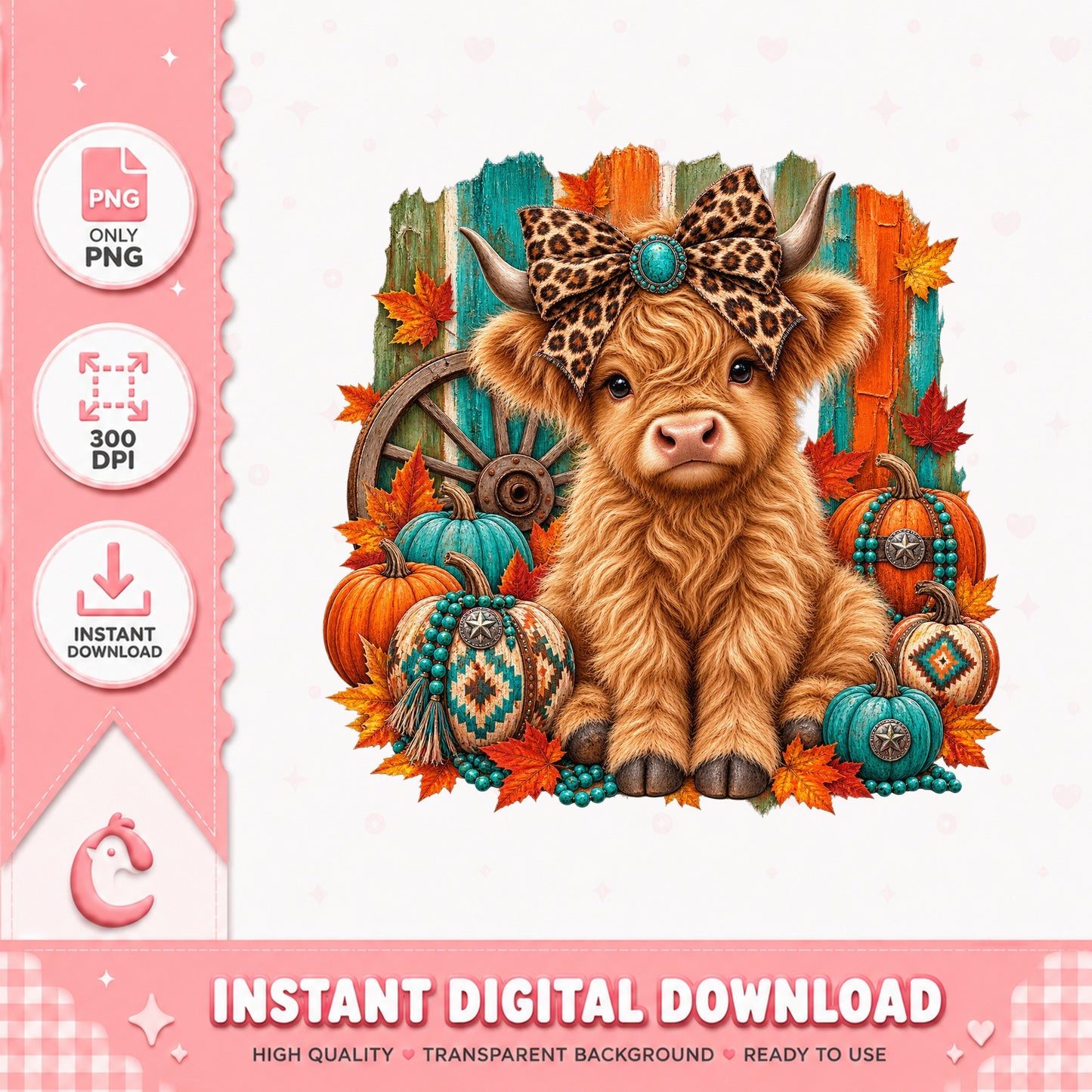 Highland Cow With Leopard Bandana, Fall Pumpkins Clipart, PNG