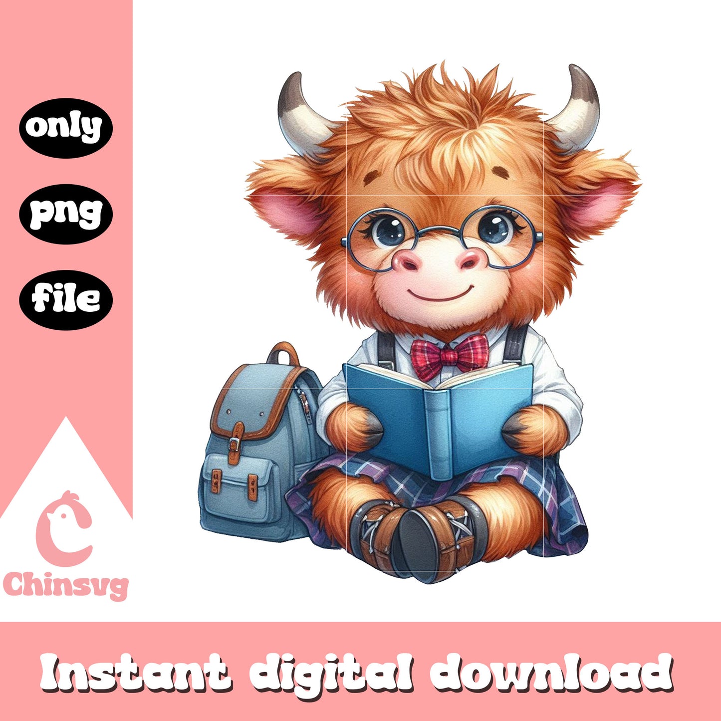 Highland cow reading book design png, private school near me png