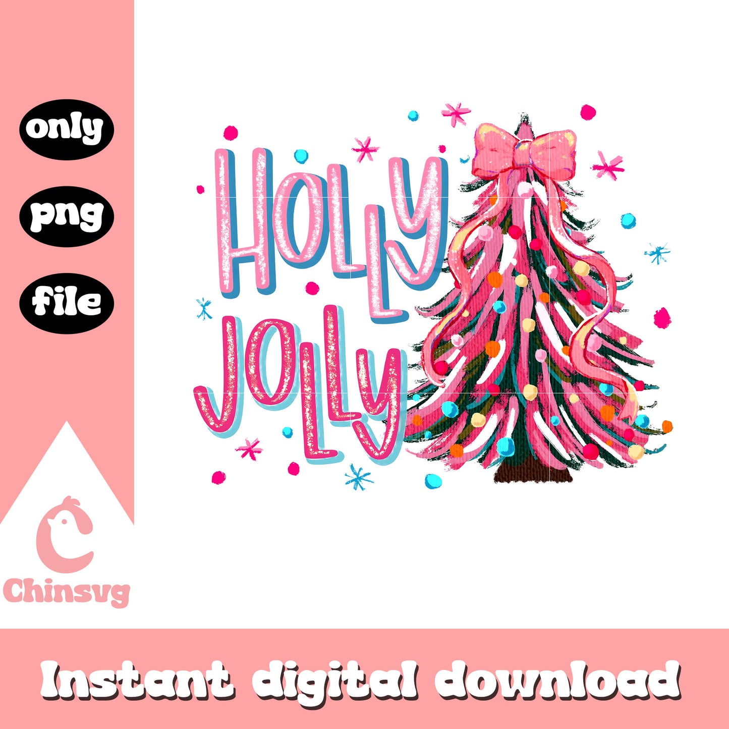Holly jolly christmas tree design png, christmas tree pink png