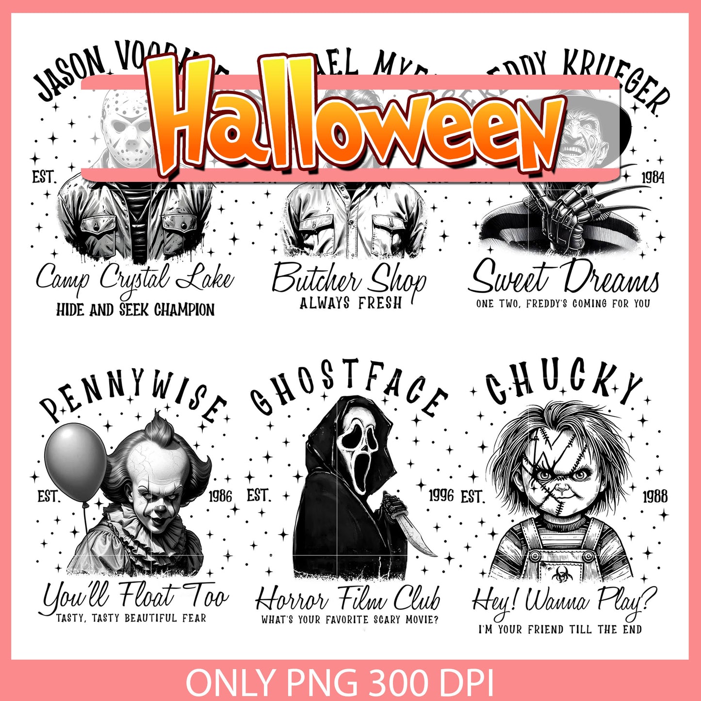 Horror black white halloween quotes bundle png, horror characters png