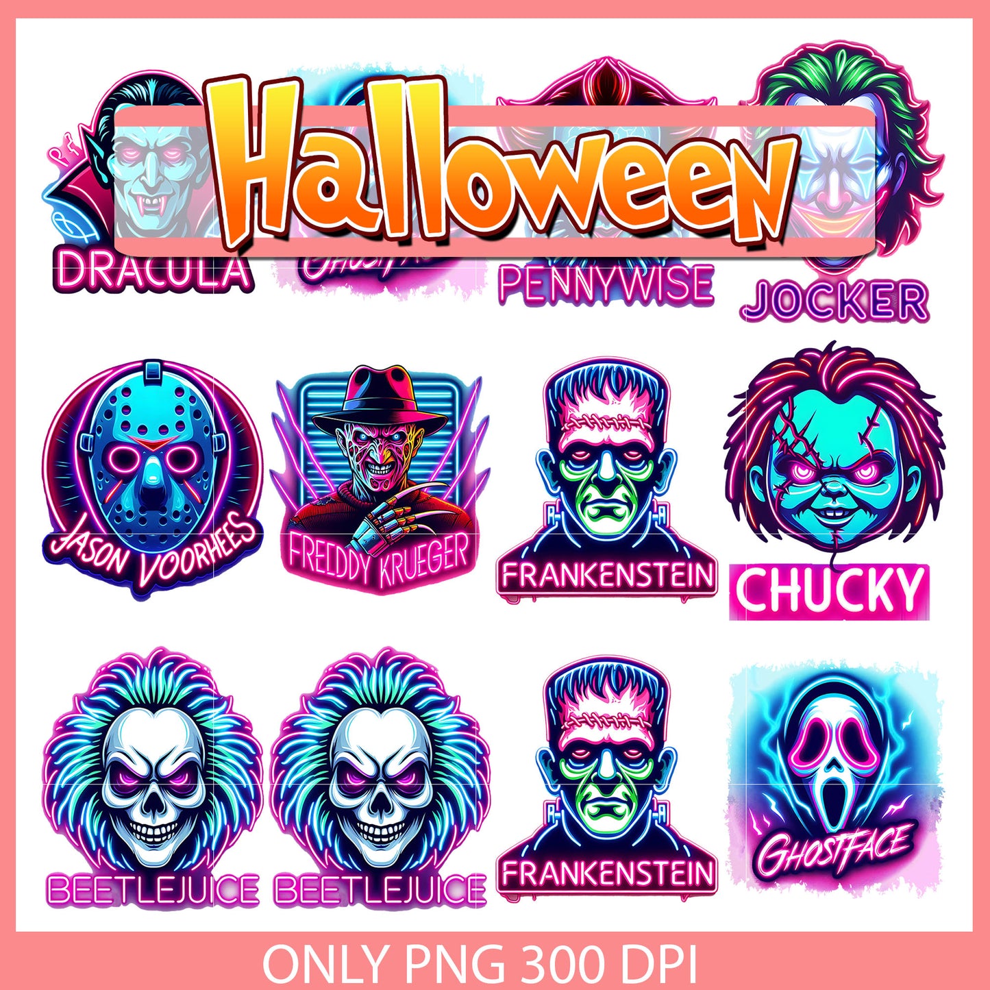 Horror character neon design bundle png, horror movies characters png