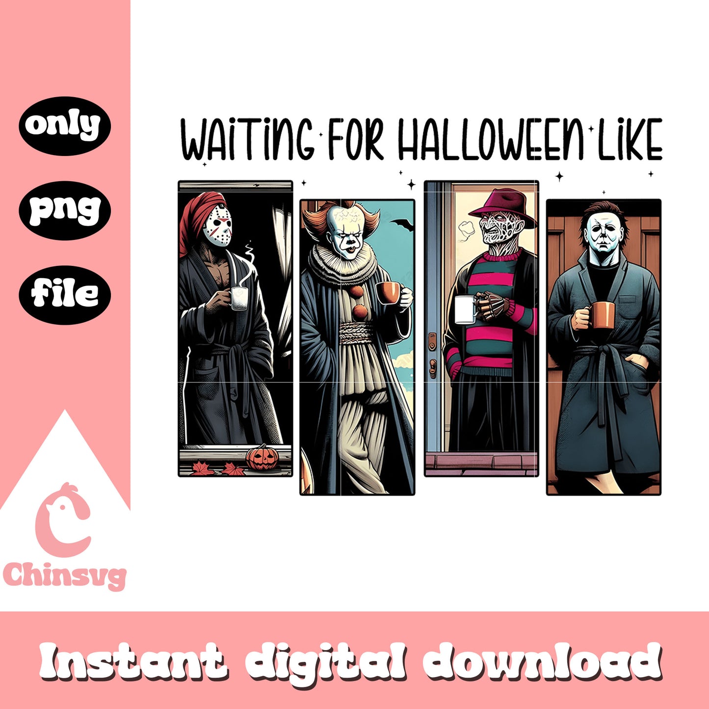 Horror characters coffee waiting for halloween png, halloween holiday png