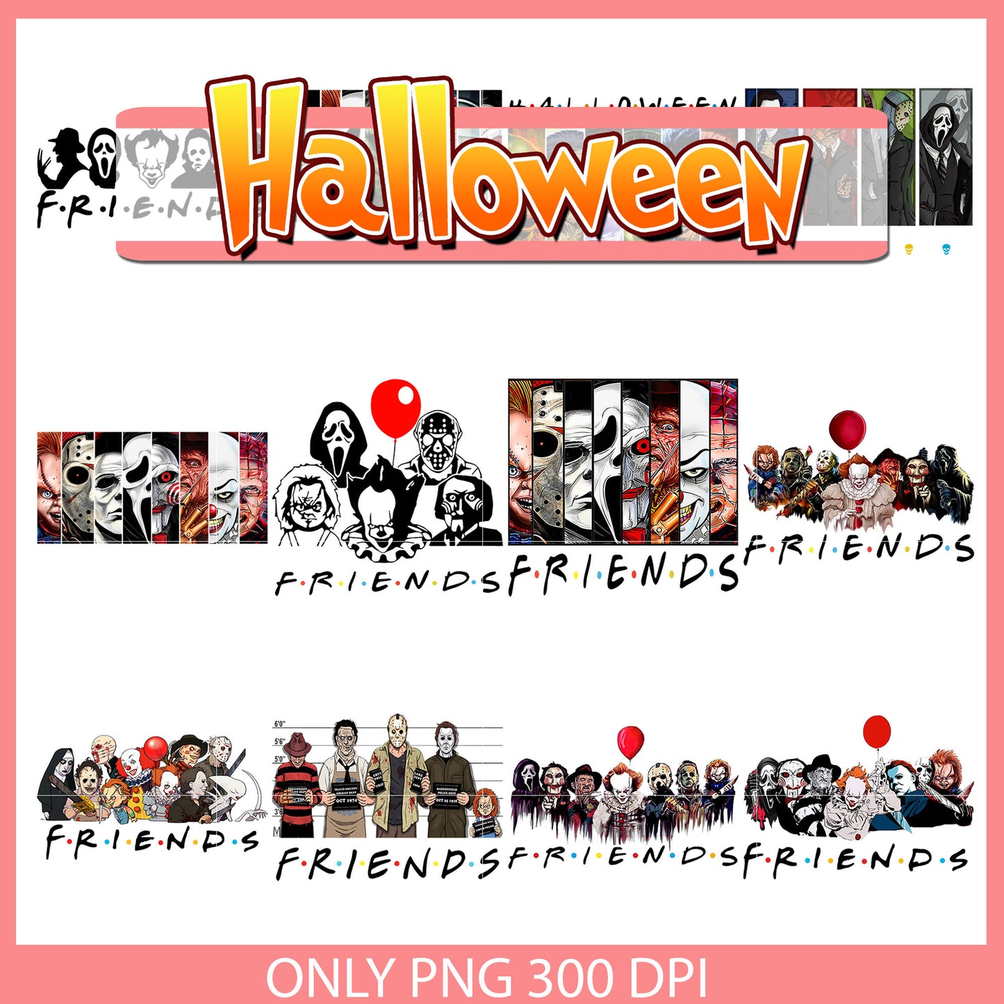 Horror characters face friends bundle png, halloween horror movies png