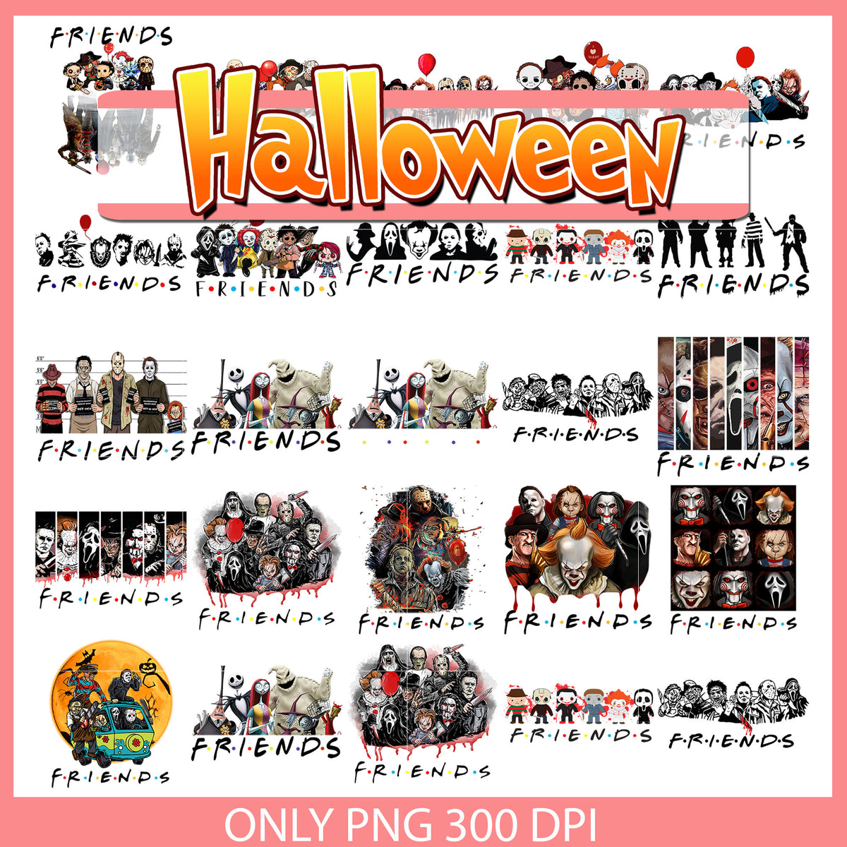 Horror characters friends halloween bundle png, horror movies characters png