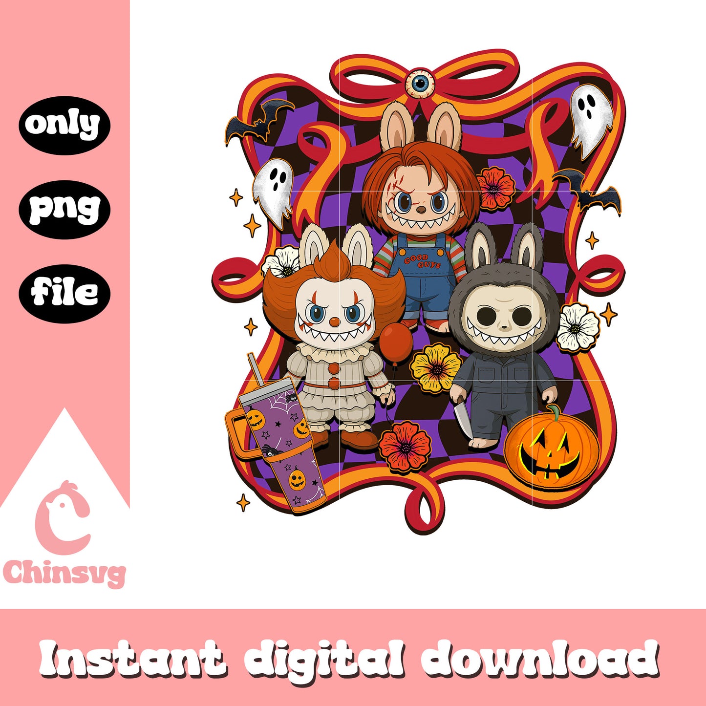 Horror characters halloween labubu bow png, halloween png