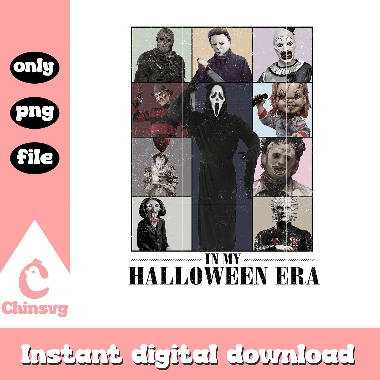 Horror characters inmy halloween era design png, spooky movies png