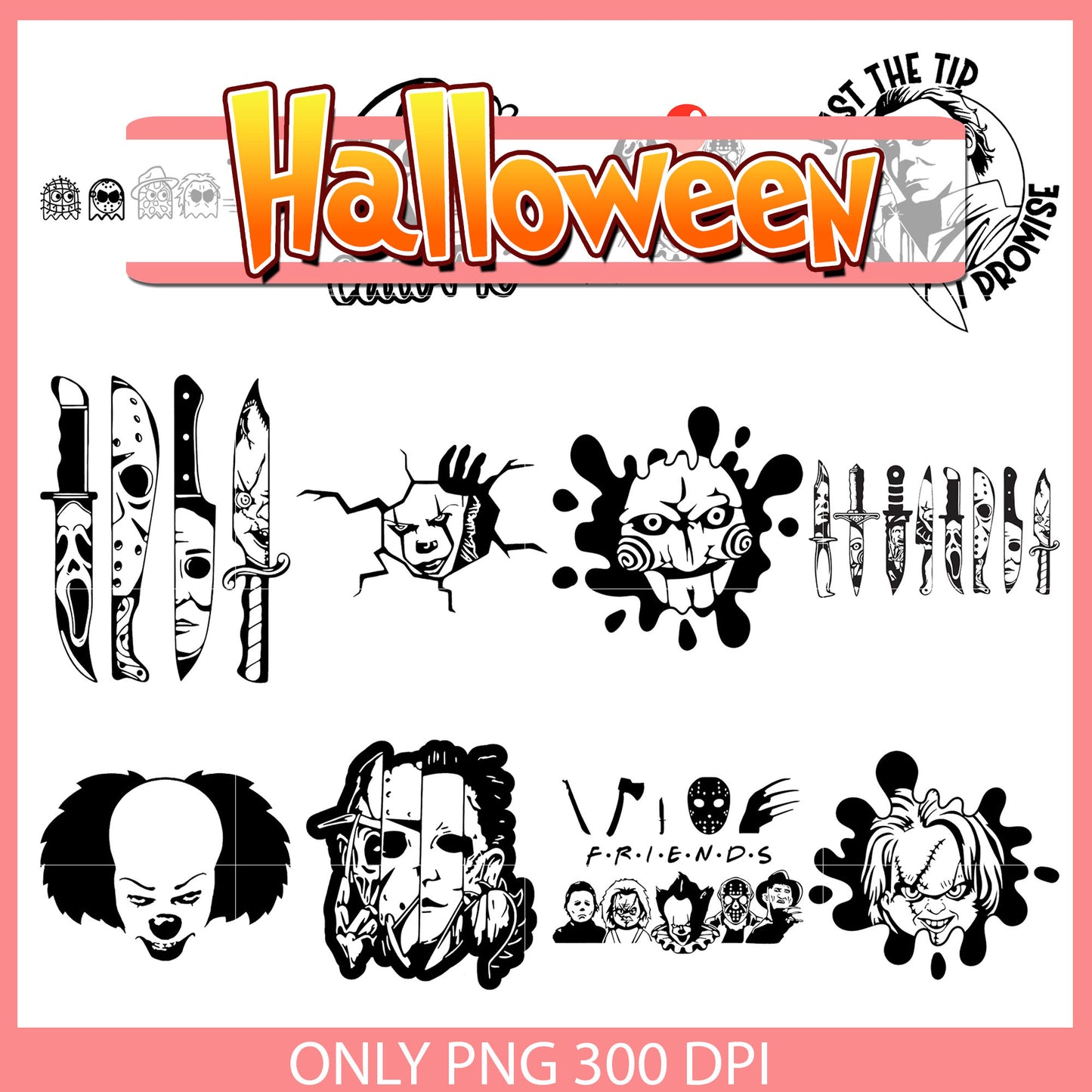 Horror characters knife black white bundle png, horror faces png