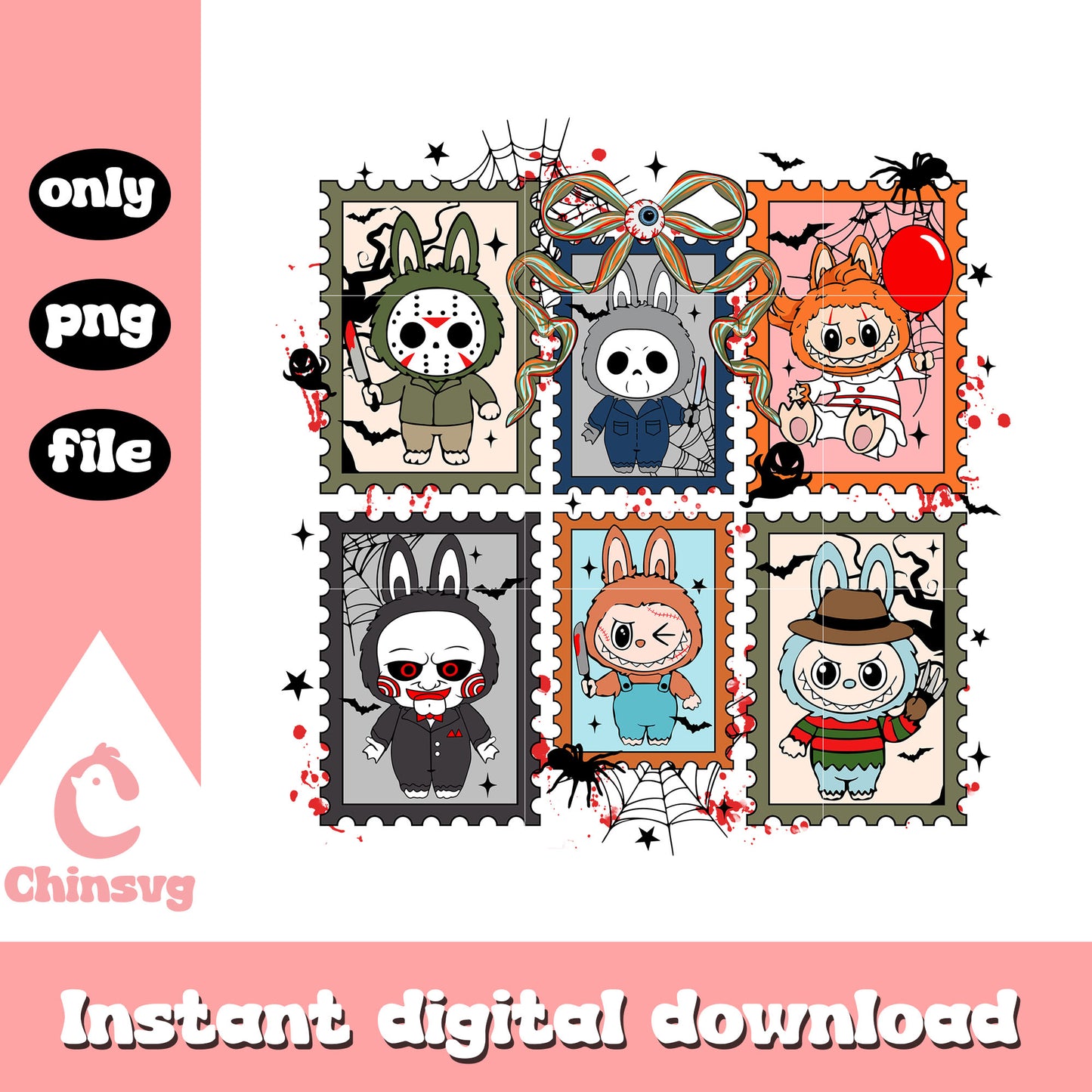 Horror characters labubu frame collage design png, spooky characters png