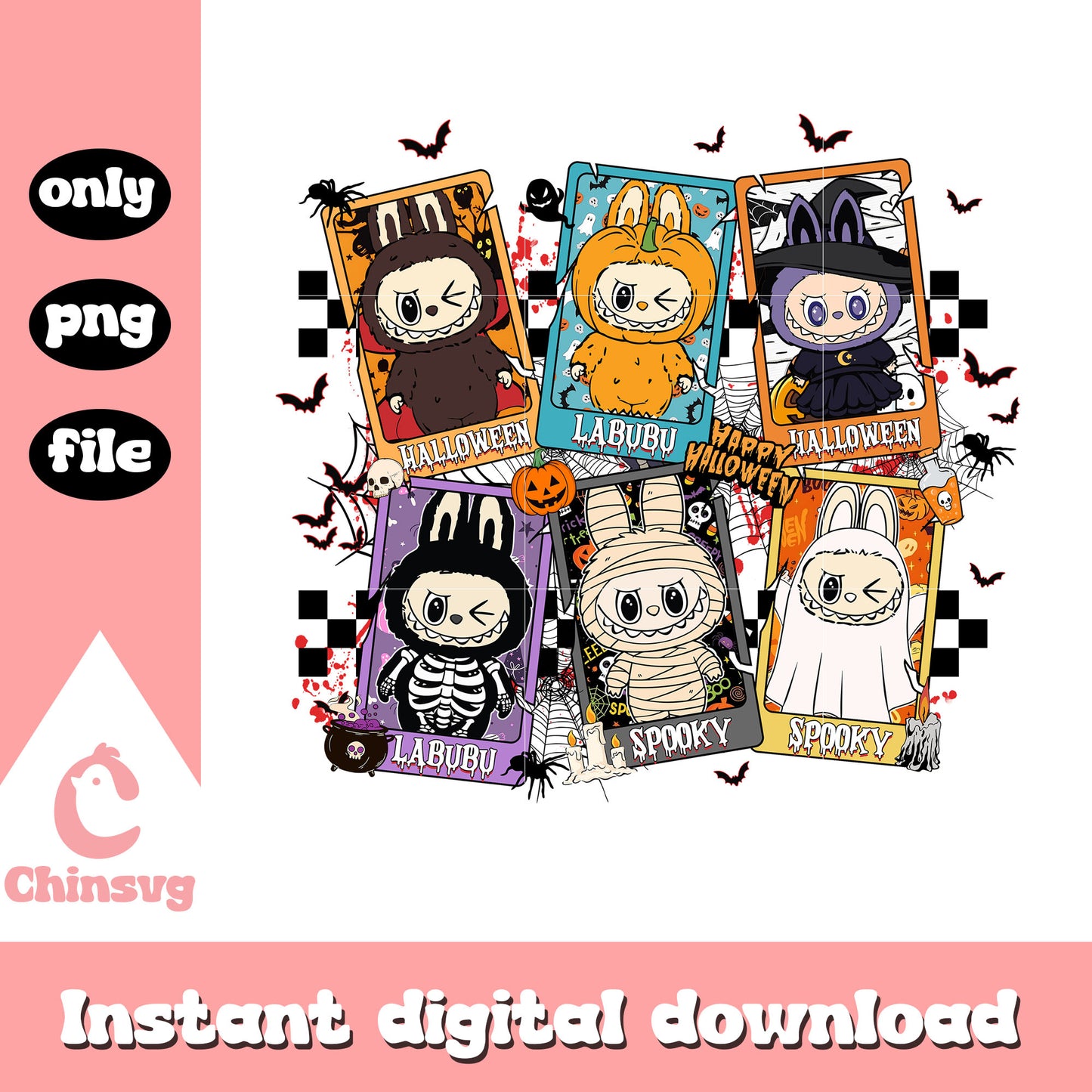 Horror characters labubu halloween card png, spooky halloween png
