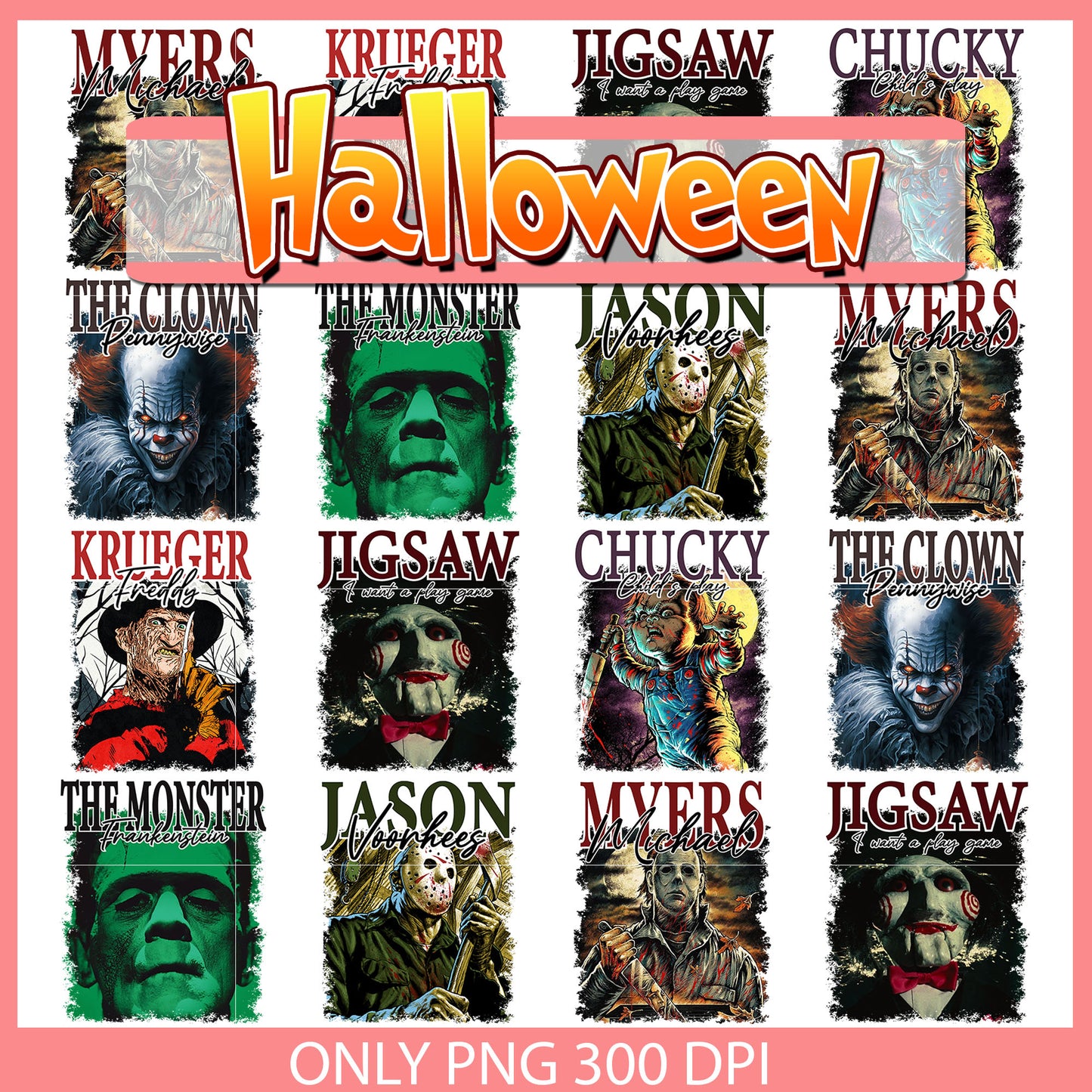Horror characters name design bunlde png, character horror movie png