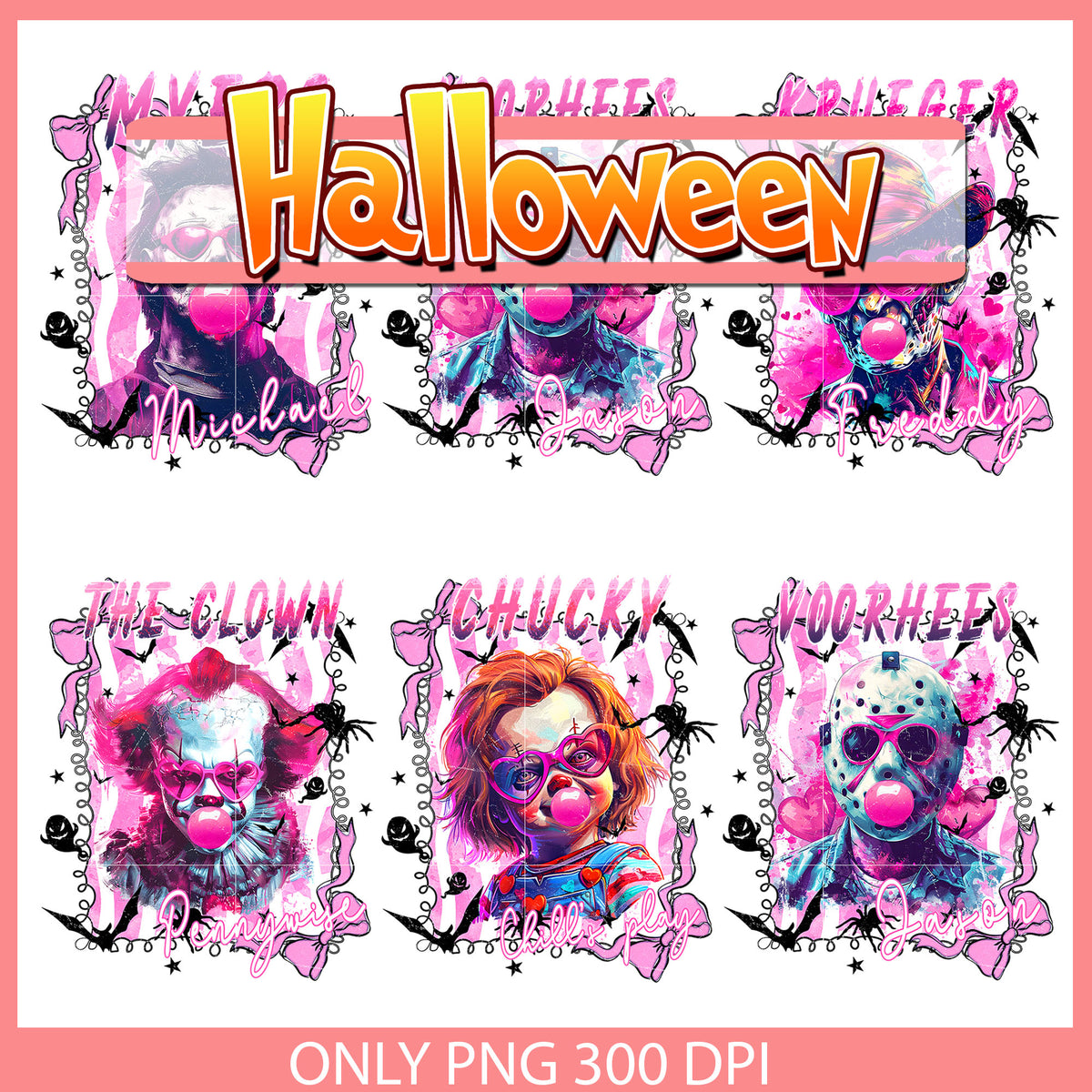 Horror characters pink halloween bundle png, horror characters png