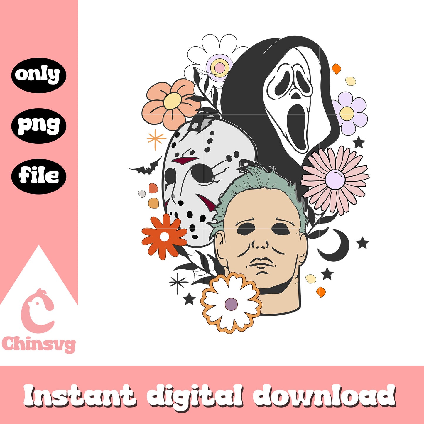 Horror floral spooky characters design png, horror characters png