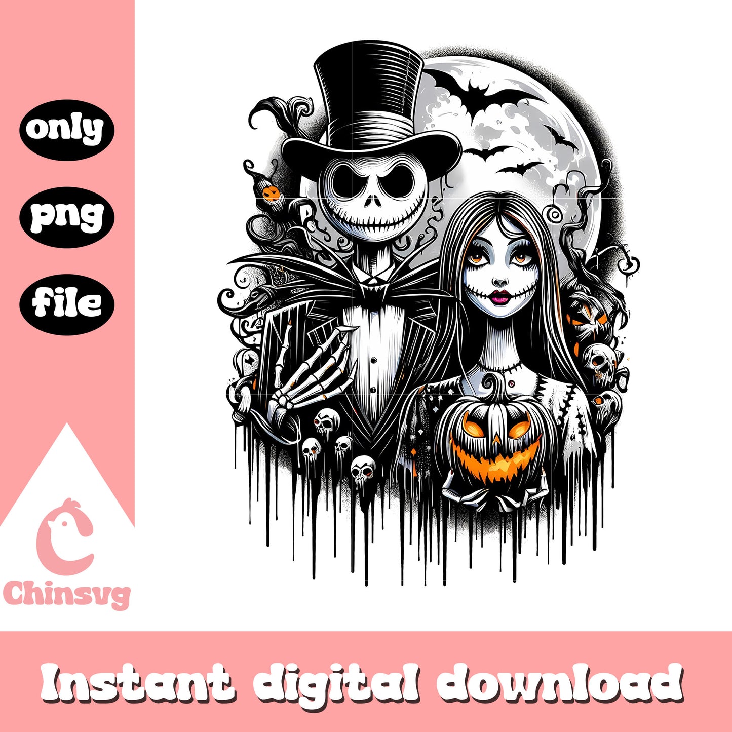 Horror halloween couple png, jack and sally png, halloween town png