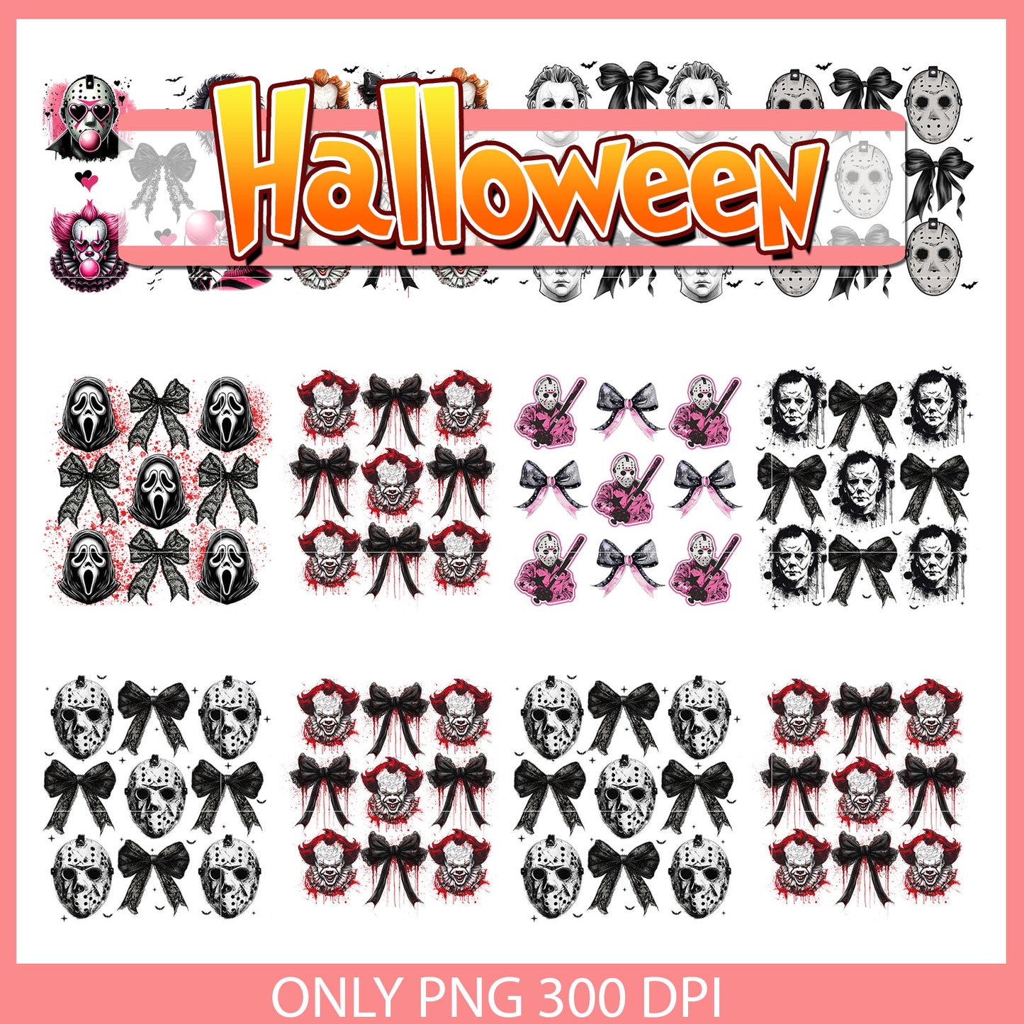Horror head blood bow design bundle png, horror face png
