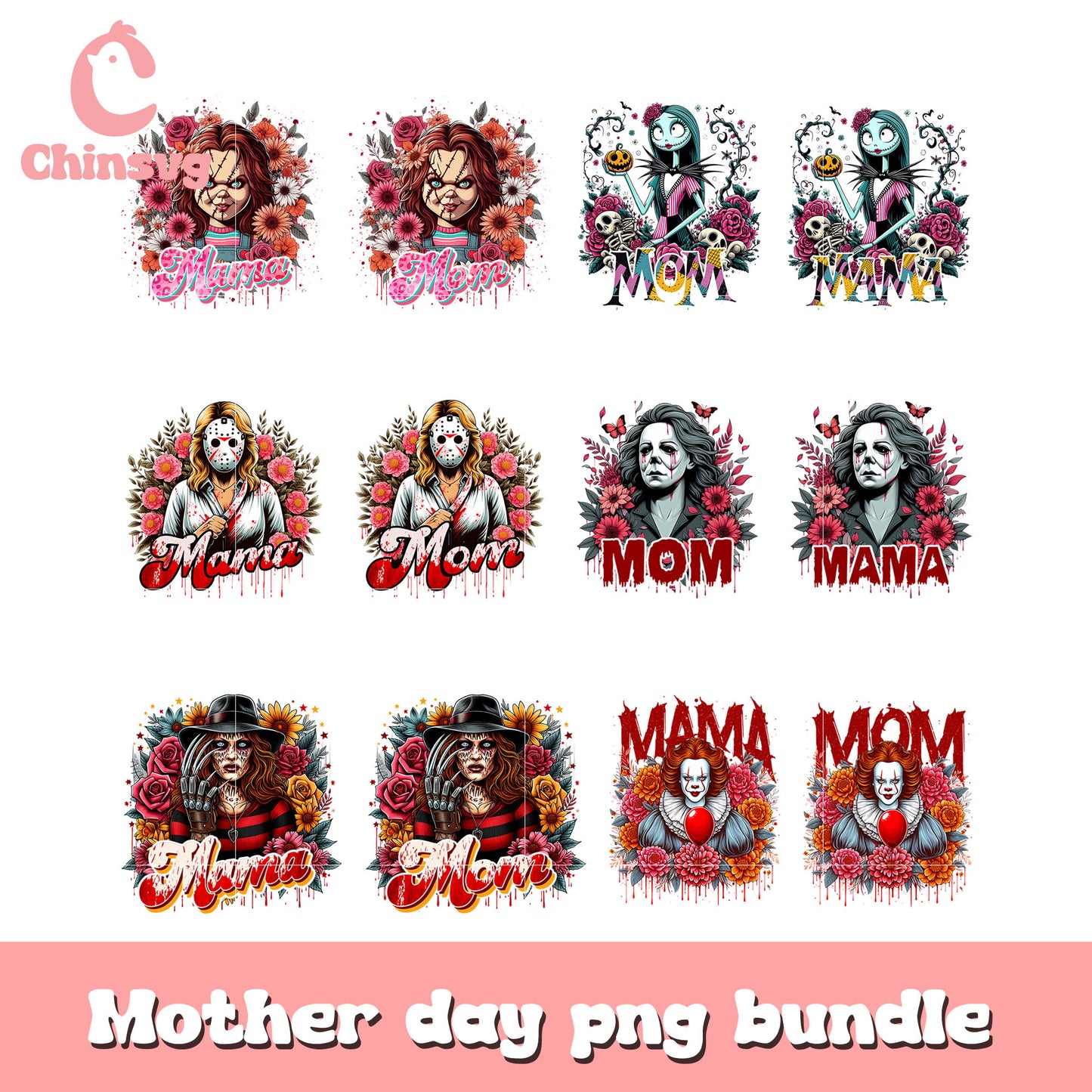 Horror mom flower design bundle png, mother horror png