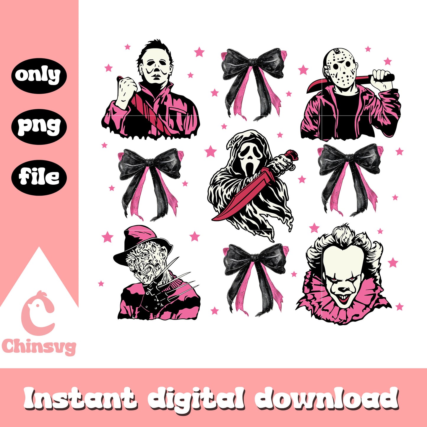 Horror pink and black bow png, horror chacracters bow png