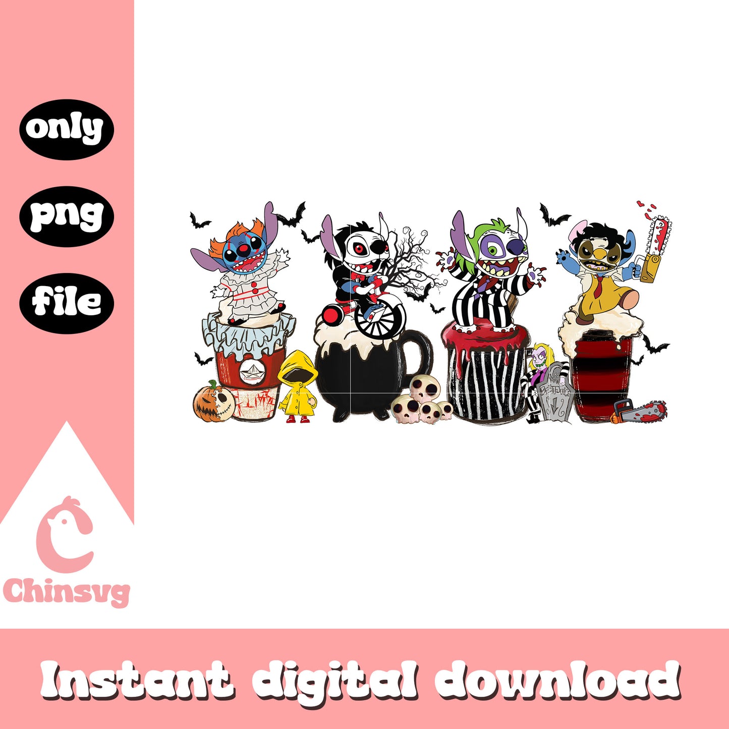 Horror stitch latte halloween png, horror stitch halloween png
