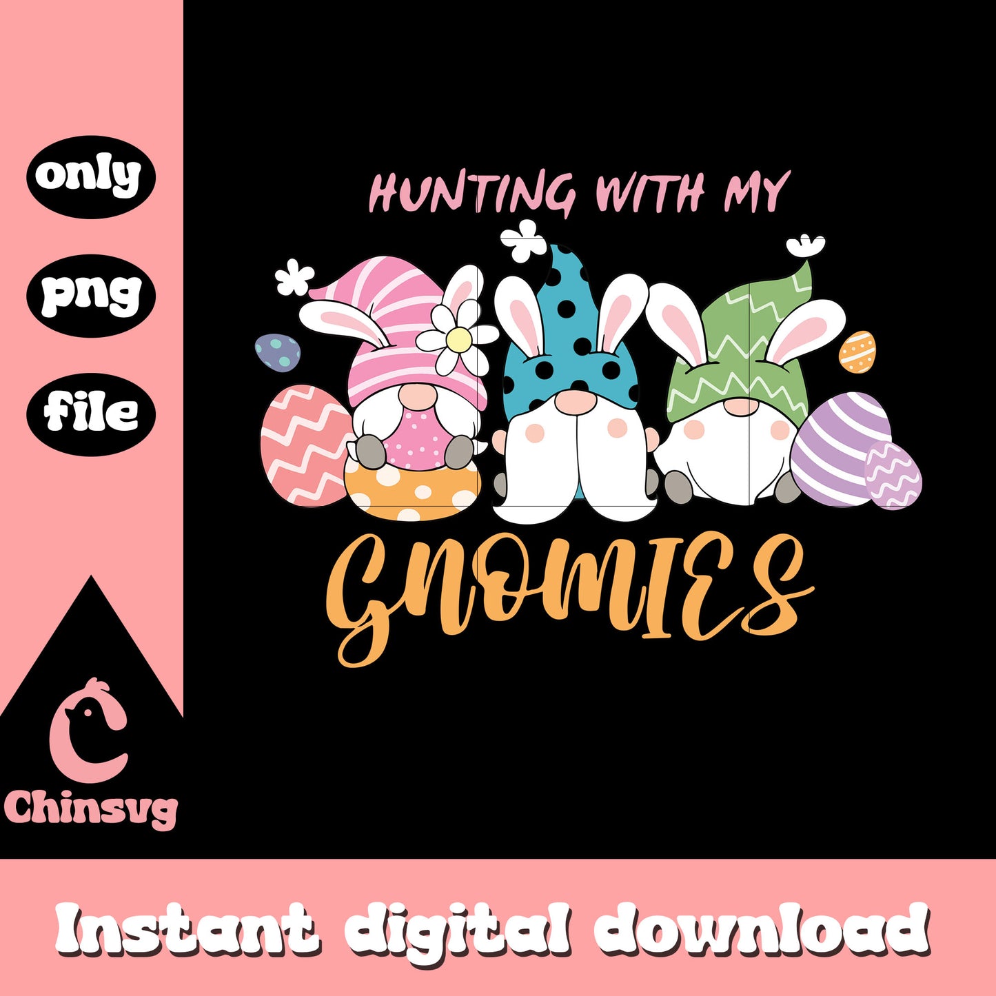 Hunting with my gnomies easter design png, gnome easter png
