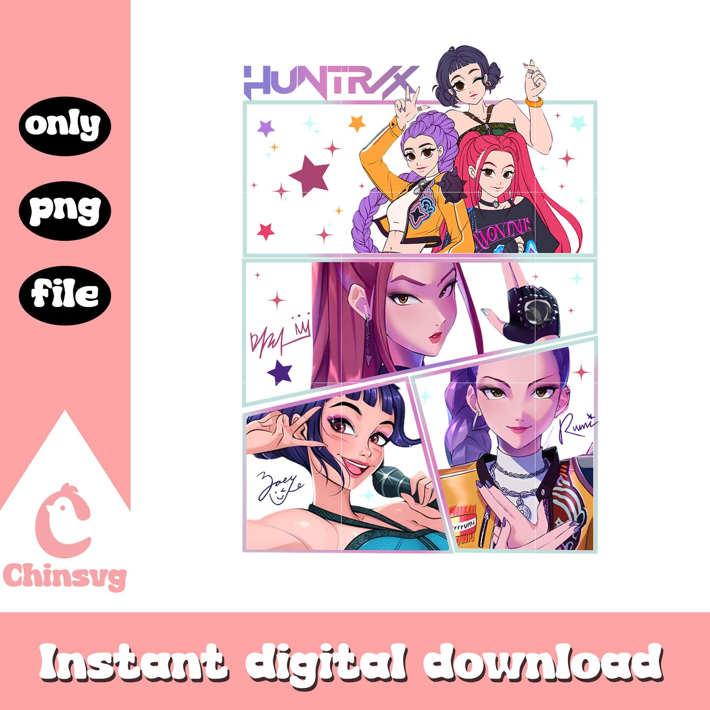 Huntrix band manga design png, huntrix kpop band png