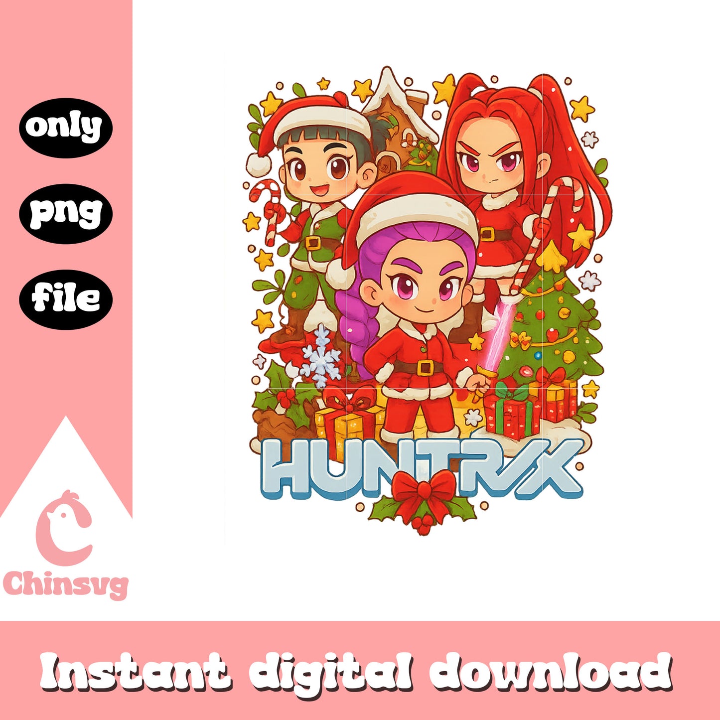 Huntrix christmas background design png, kpop demon hunters merch png