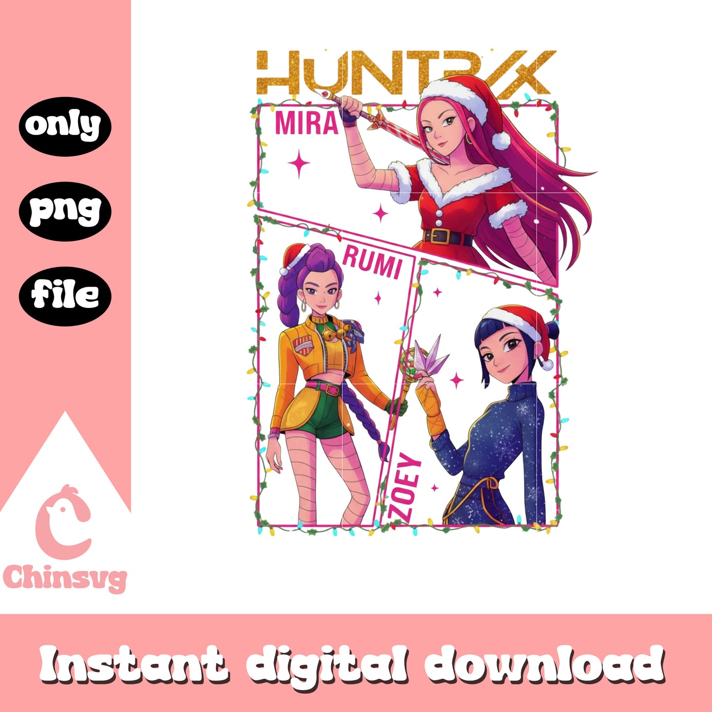 Huntrix christmas outfits design png, huntrix kpop demon hunters png