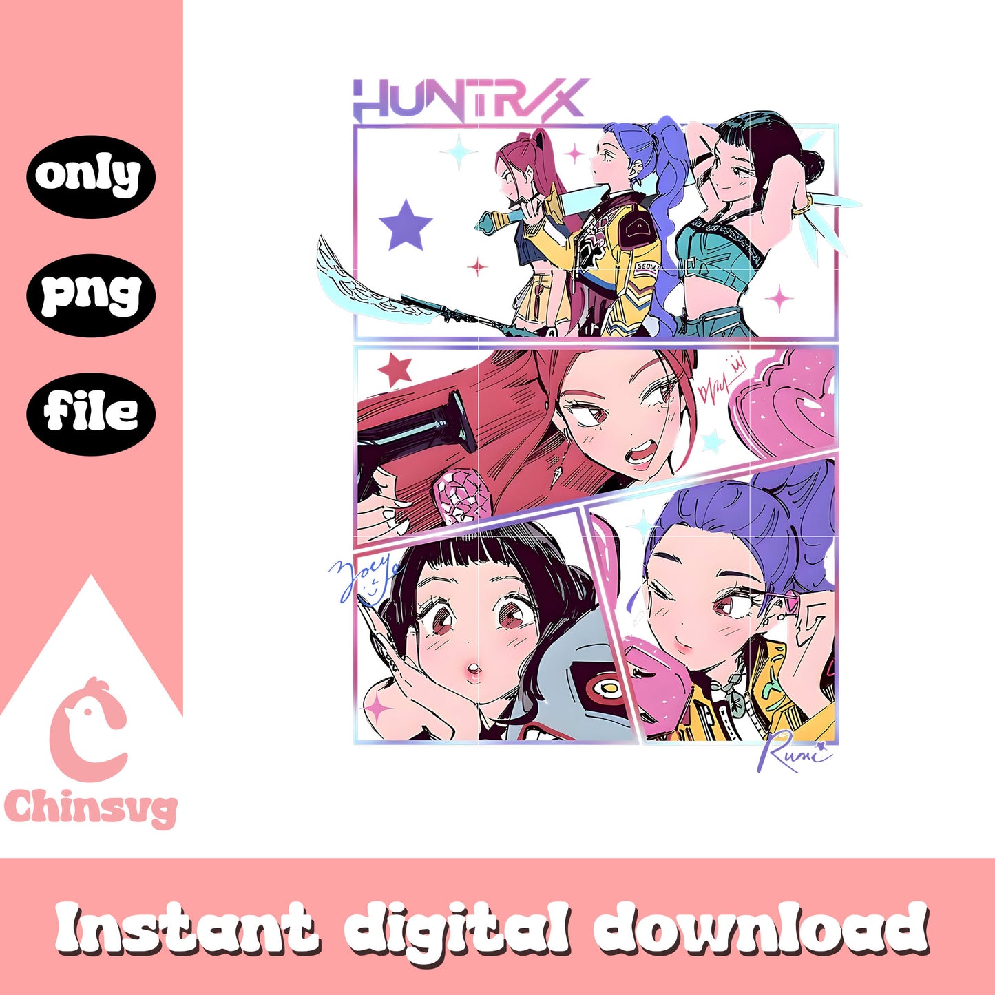 Huntrix girl manga design png, huntrix characters png, demon hunters png