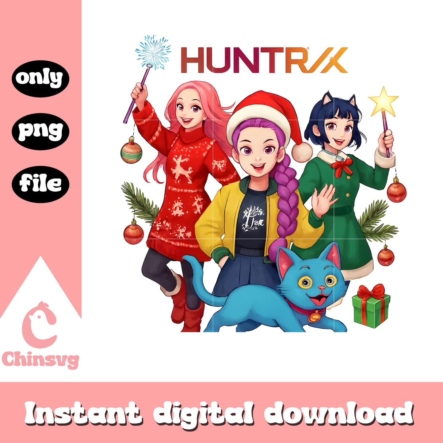 Huntrix happy christmas with derpy tiger png, huntrix kpop band png