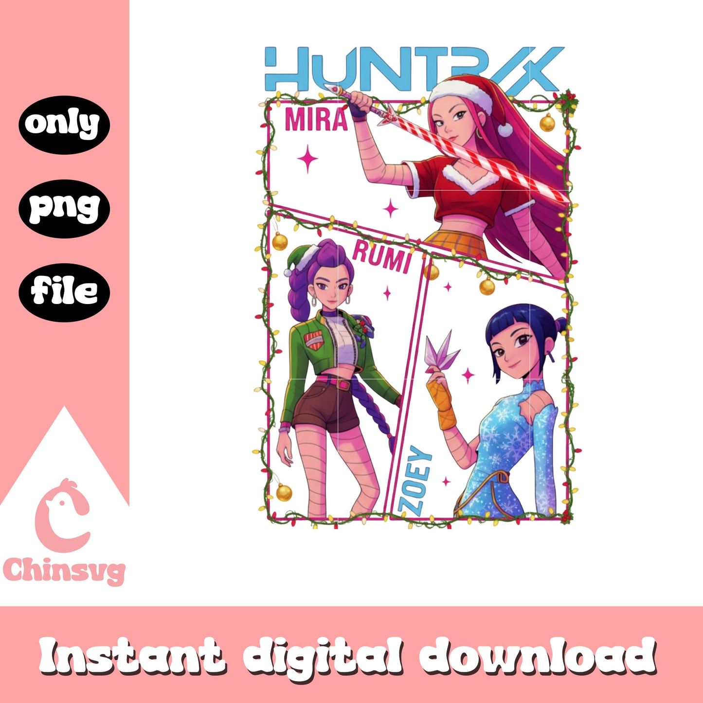 Huntrix members christmas oufits png, christmas kpop png