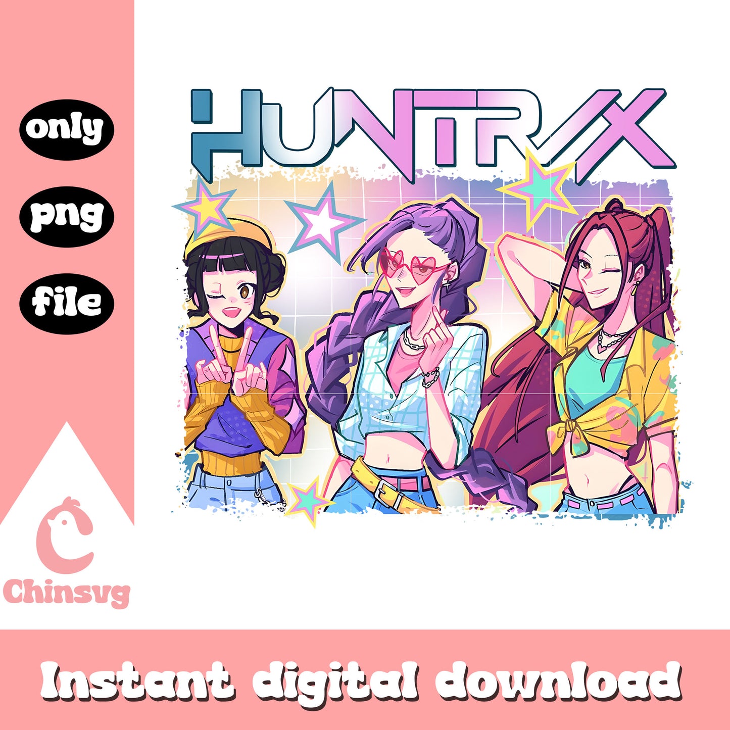 Huntrix members kpop group design png, demon hunter huntrix png