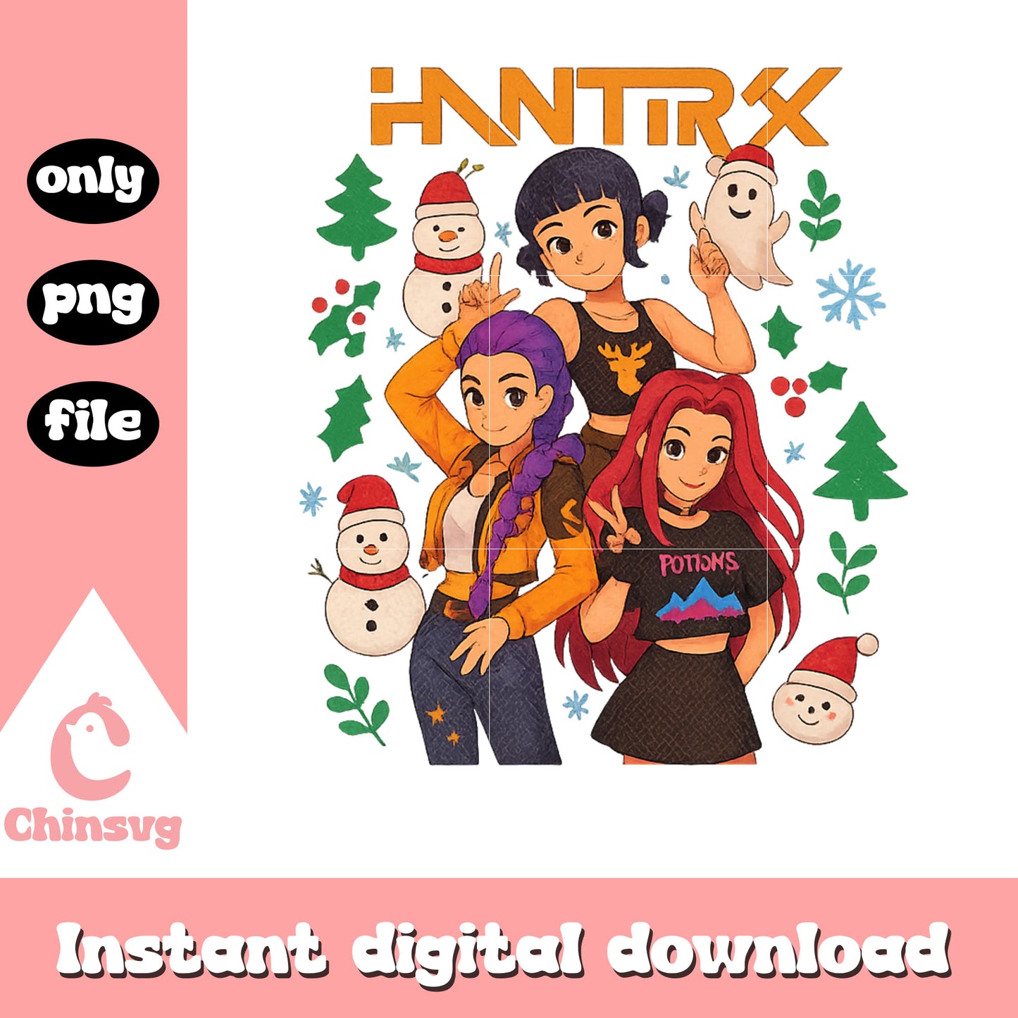 Huntrix members snowman design png, christmas background png