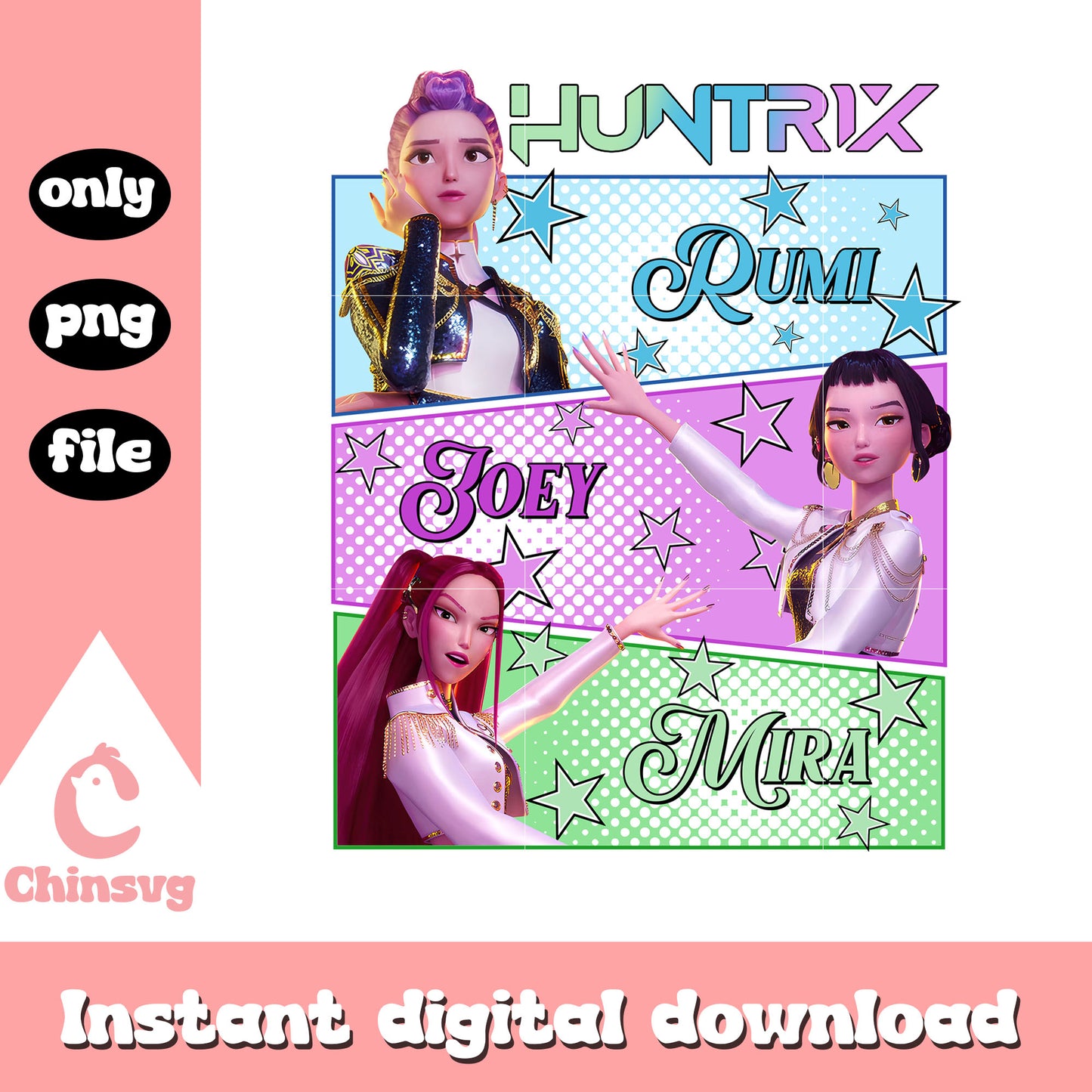 Huntrix rumi mira and zoey png, huntrix kpop cast png